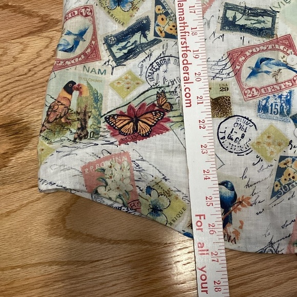 Vintage Chico’s Linen Button Down Blouse Womens S Bird Stamp Novelty Print shirt - Picture 8 of 10